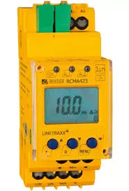 Dispositivo eléctrico amarillo con pantalla digital.