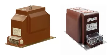 image Transformadores eléctricos marrones sobre fondo blanco.